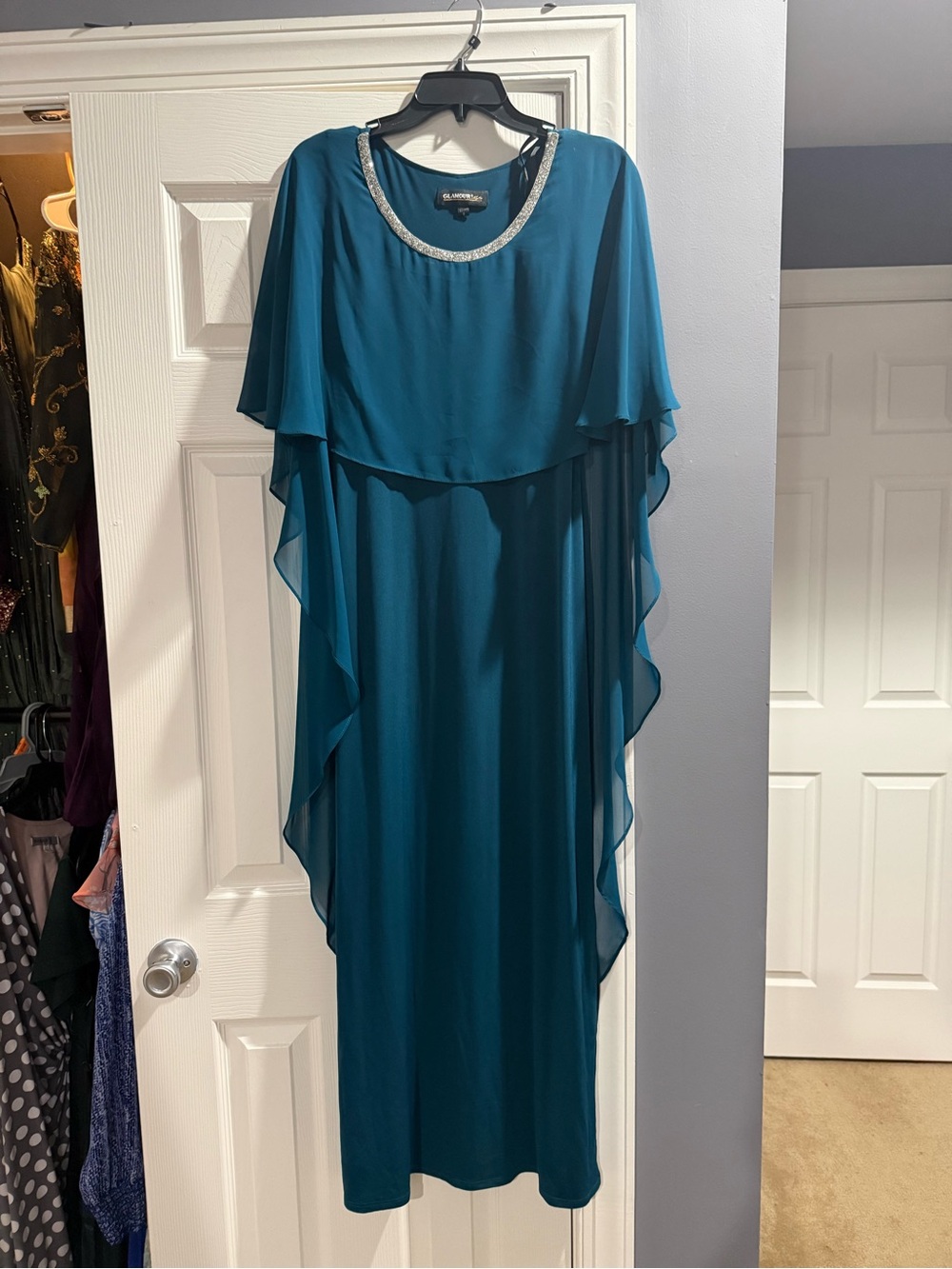 JM Collection Teal Maxi Dress with Beaded Scoop Neck